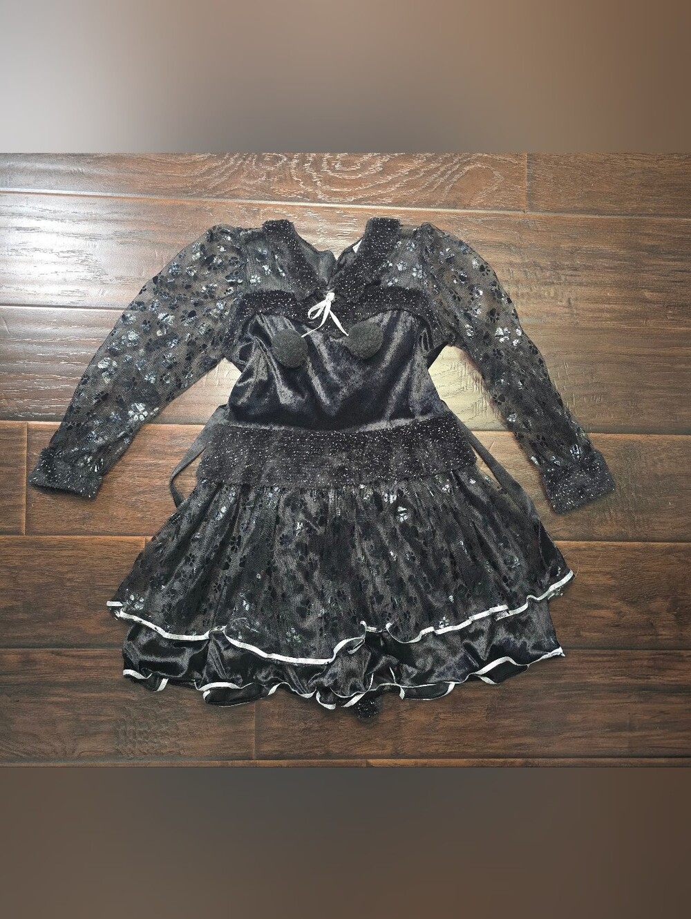 Girls Black Cat Costume Dress with Pom Poms and Sheer Sleeves Medium